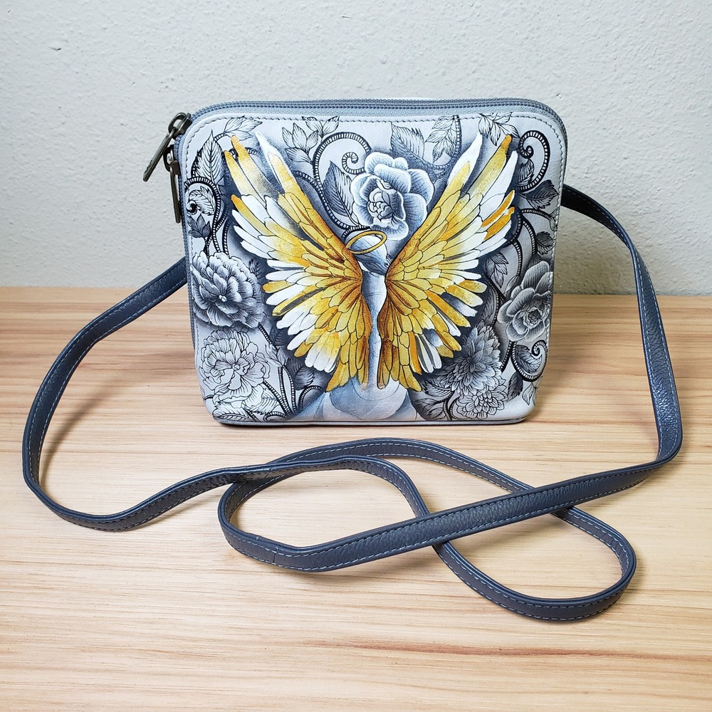 Anuschka Hand Painted Leather Crossbody Bag Gardian Angel Wing Print Art To Wear
